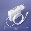 A white power adapter and charging cable for a MacBook, displayed on a light purple background. Produktbild-Vorschau