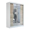 A white and wood sliding door wardrobe with wavy mirror inserts, presented against a white background. Produktbild-Vorschau