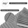 Close-up view of a grey pleated blind, with inset showing fabric layers and another inset showing the pleats and stitching detail. Produktbild-Vorschau