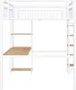 A white metal loft bed with a desk and shelves underneath, shown against a white background. Náhled obrázku produktu