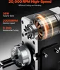 Close-up view of a mini metal lathe's motor and chuck, with text highlighting its features. Anteprima dell’immagine prodotto