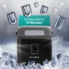 A black ice maker is shown with ice cubes floating around it, and a green banner with text. Produktbild-Vorschau