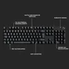 A black mechanical gaming keyboard with feature callouts. Produktbild-Vorschau