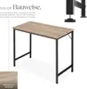 A desk with a wooden top and black metal legs, presented with marketing text and a close-up of the wood grain. Produktbild-Vorschau