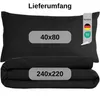 A black pillow and folded black duvet are shown against a white background, with size labels overlaid. Produktbild-Vorschau