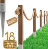 A rope fence system with wooden posts and a metal stake, set against a white and green background. Produktbild-Vorschau