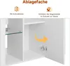 Close-up view of a white cabinet with an open door, showing interior shelves and a glass shelf. An orange arrow indicates the door opening. Podgląd zdjęcia produktu