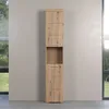 A tall, narrow wooden cabinet with several drawers and an open shelf, standing against a plain wall with large windows visible in the background. Produktbild-Vorschau