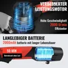 Close-up marketing image showing the internal motor and battery of a cordless hedge trimmer, with text highlighting features. Produktbild-Vorschau