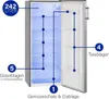 An open refrigerator with various features highlighted by numbered labels and blue lines. Produktbild-Vorschau