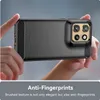 Hands holding a smartphone with a black protective case, showcasing the camera module and textured back. Produktbild-Vorschau