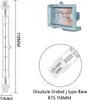 A collage of a halogen light bulb and its fixture, with dimensions and specifications shown. Produktbild-Vorschau
