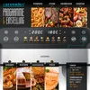 A marketing image showcasing the features and programs of an Arendo air fryer, with images of food and control panel details. Produktbild-Vorschau