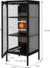 A black cabinet with glass doors and shelves, with dimensions indicated. Náhľad obrázku produktu