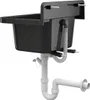 A black sink with plumbing attached, shown from a side-angle against a white background. Produktbild-Vorschau