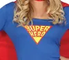 Close-up of a woman wearing a blue superhero costume with a red cape and a yellow and red "SUPER HERO" logo on the chest. Her blonde hair is visible. Produktbild-Vorschau
