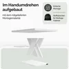 An exploded view of a white coffee table with text and icons indicating easy assembly and storage. Produktbild-Vorschau