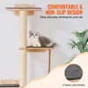 A cat is resting on a multi-level cat tree attached to a wall, with text overlays describing its features. Náhľad obrázku produktu