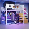 A modern gaming-themed bedroom with a loft bed, desk, and gaming chair. Produktbild-Vorschau