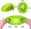 A collage of images showing a neon green helmet cover with reflective elements and its dimensions. Produktbild-Vorschau