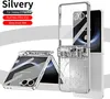 A product image showcasing a phone case for a Samsung Galaxy Z Flip 7, with the case shown in both open and closed positions, and a close-up of the hinge mechanism. Produktbild-Vorschau