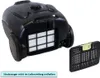 A black vacuum cleaner with its filter removed, and the filter is shown next to it. The vacuum cleaner has its filter compartment open, revealing the filter inside. A separate filter is displayed to the right of the vacuum cleaner. Produktbild-Vorschau