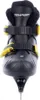 A close-up front view of a black ice skate with yellow buckles. Voir les images du produit