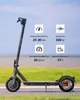An electric scooter is shown outdoors with informational graphics overlaid. Produktbild-Vorschau