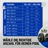 A table showing pool sizes and the recommended number of pool cushions for each size, categorized by shape (square and round). Produktbild-Vorschau
