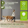 A child and a dog walk past a wall covered in vertical wooden slats. There are informational graphics on the right side of the image. Náhled obrázku produktu