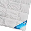 A white quilted blanket or duvet with a blue label in the corner. Produktbild-Vorschau