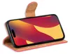 A red flip case for a smartphone is shown open, displaying the phone's screen with a colorful abstract wallpaper. The interior of the case is a light brown color. Produktbild-Vorschau