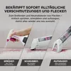 A three-step process for cleaning stains on upholstery, showing spraying, scrubbing, and vacuuming. Podgląd zdjęcia produktu