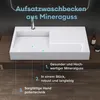 A white mineral cast washbasin is shown on a wooden countertop, with text overlays highlighting its features. Produktbild-Vorschau