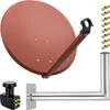 A satellite dish and its components are laid out against a white background. Produktbild-Vorschau