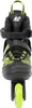 A close-up, front-facing view of a black and lime green K2 Raider inline skate. Náhľad obrázku produktu