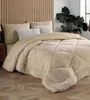 A neatly made bed with a cream-colored comforter and pillows, set against a slatted wooden headboard. A large potted plant is visible in the background. Produktbild-Vorschau