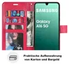 A red wallet-style phone case for a Samsung Galaxy A16 5G, showing cards and cash inside, with the phone screen displaying the Samsung logo and model name. Produktbild-Vorschau