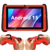 A tablet with a colorful screen displaying 'Android 15' is shown above two red game controllers held by hands. Produktbild-Vorschau