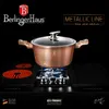 A rose gold pot is shown on a stovetop with glowing electric burners and a gas burner with flames. Podgląd zdjęcia produktu