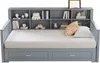 A gray daybed with a built-in bookshelf and two drawers, shown against a white background. Náhled obrázku produktu