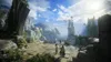 A fantasy landscape with ancient ruins and floating islands, featuring three figures standing on a stone platform. Náhľad obrázku produktu