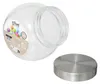 A clear glass jar with a silver lid, shown next to the jar. The jar has a label with colorful candies and text. Podgląd zdjęcia produktu