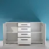 A white sideboard with open doors and drawers against a blue wall. Produktbild-Vorschau