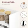Close-up view of kitchen storage jars on a white shelf, with inset diagrams illustrating safety hardware installation. Náhľad obrázku produktu
