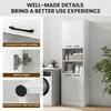 Collage showing details of a tall white storage cabinet, including handles, hinges, and foot pads, alongside a laundry room scene with a washing machine. Podgląd zdjęcia produktu