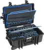 An open black tool case with blue trim, showing multiple compartments and pockets for tools. Náhľad obrázku produktu