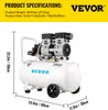 A white air compressor with black wheels and a silver and black motor unit, shown with measurement indicators and product specifications. Produktbild-Vorschau