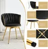 A black velvet chair with gold legs, shown in a studio setting with multiple close-up feature callouts. Produktbild-Vorschau