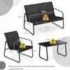 Diagrams showing dimensions and weight capacity of a black outdoor furniture set including a sofa, chair, and table. Podgląd zdjęcia produktu
